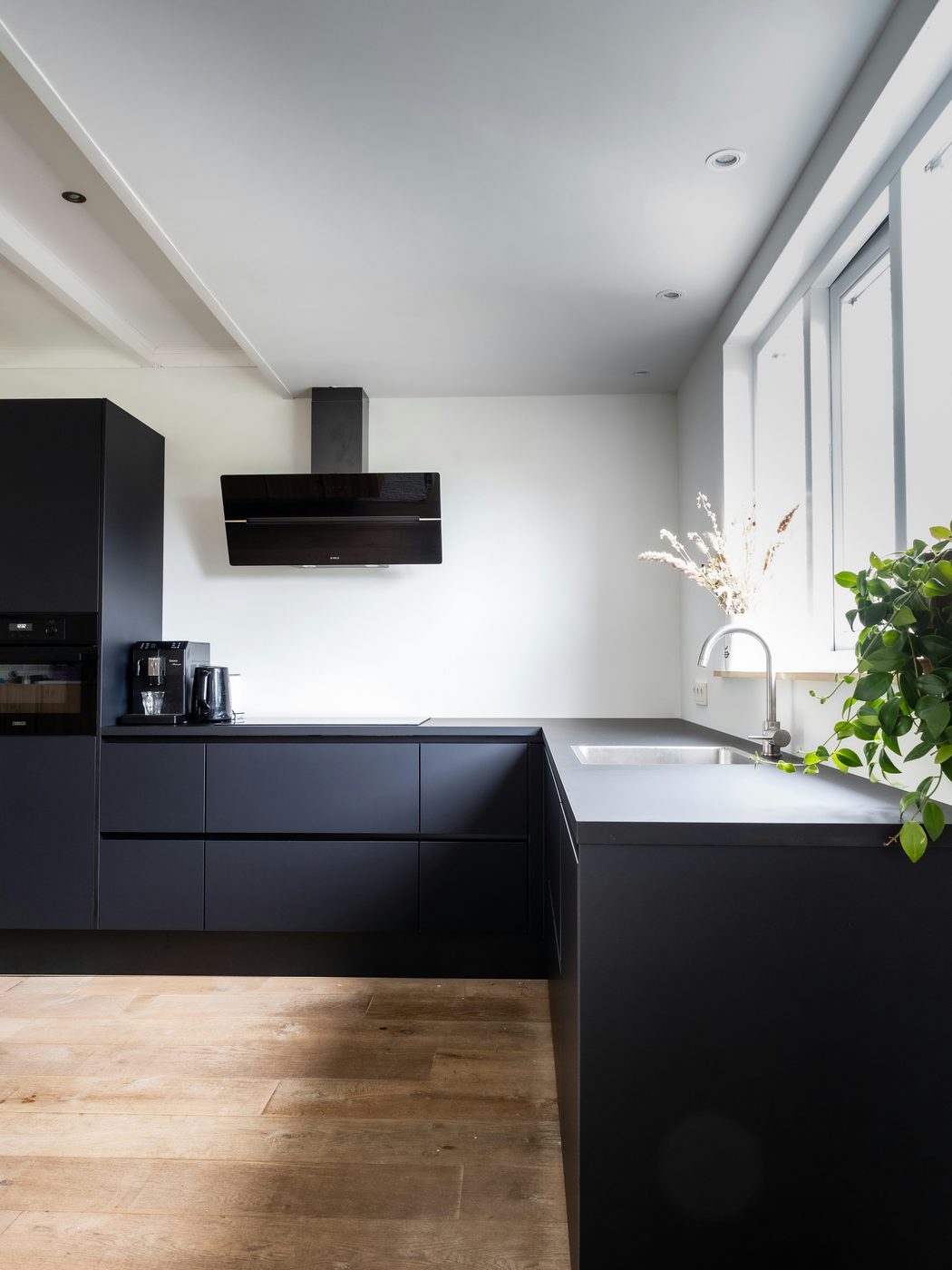 Modern kitchen with matte black cabinets
